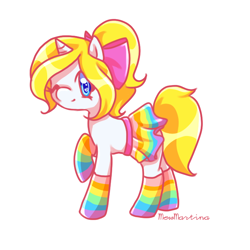 Size: 700x700 | Tagged: safe, artist:churobu, imported from derpibooru, oc, oc only, pony, unicorn, bow, clothes, female, hair bow, horn, mare, one eye closed, rainbow socks, raised hoof, simple background, skirt, smiling, socks, solo, striped socks, transparent background, unicorn oc, wink