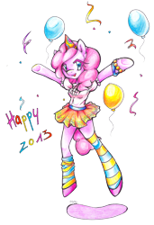 Size: 1339x1957 | Tagged: safe, artist:churobu, imported from derpibooru, pinkie pie, earth pony, semi-anthro, balloon, clothes, happy new year, happy new year 2013, hat, holiday, party hat, simple background, skirt, socks, striped socks, transparent background, underhoof