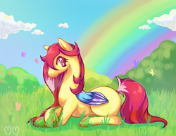 Size: 1500x1164 | Tagged: safe, artist:churobu, imported from derpibooru, oc, oc only, butterfly, pegasus, pony, cloud, eyelashes, female, mare, outdoors, pegasus oc, rainbow, sky, smiling, solo, wings