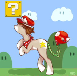 Size: 1200x1186 | Tagged: safe, artist:churobu, imported from derpibooru, oc, oc only, monster pony, original species, piranha plant pony, plant pony, pony, augmented, augmented tail, eyes closed, hat, neckerchief, outdoors, plant, rearing, smiling, solo, super mario bros., tail