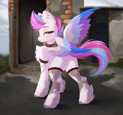 Size: 2048x1910 | Tagged: safe, alternate version, artist:kebchach, imported from derpibooru, zipp storm, pegasus, pony, bedroom eyes, blushing, butt, chains, chest fluff, choker, clothes, collar, ear piercing, eyebrow piercing, female, g5, high res, looking at you, looking back, looking back at you, mare, nudity, outdoors, piercing, plot, presenting, raised tail, rear view, ripped stockings, socks, solo, spiked choker, spiked collar, spread legs, spread wings, spreading, stockings, tail, thigh highs, torn clothes, wings, zippbutt