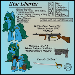 Size: 1600x1600 | Tagged: safe, artist:dice-warwick, imported from derpibooru, oc, oc:star charter, earth pony, pony, fallout equestria, cutlass, fallout equestria: desperados, female, gun, handgun, mare, pipbuck, pirate, pistol, solo, submachinegun, sword, template, weapon