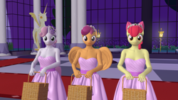 Size: 1920x1080 | Tagged: safe, artist:ponygamer2020, imported from derpibooru, apple bloom, scootaloo, sweetie belle, anthro, earth pony, pegasus, unicorn, a canterlot wedding, 3d, basket, canterlot, clothes, cutie mark crusaders, dress, female, flower, flower basket, flower filly, flower girl, flower girl dress, flower in hair, hair accessory, looking at you, nexgen, scene interpretation, smiling, smiling at you, source filmmaker, stupid sexy apple bloom, stupid sexy scootaloo, stupid sexy sweetie belle, trio, trio female