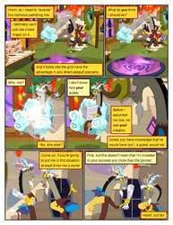 Size: 612x792 | Tagged: safe, artist:newbiespud, edit, edited screencap, imported from derpibooru, screencap, discord, draconequus, comic:friendship is dragons, discordant harmony, comic, dialogue, indoors, levitation, magic, male, multeity, newspaper, reading, screencap comic, telekinesis