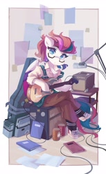 Size: 2513x4096 | Tagged: safe, artist:saxopi, imported from derpibooru, zipp storm, pegasus, pony, semi-anthro, book, can, clothes, crossed legs, drink, electric guitar, female, g5, glasses, guitar, hoof hold, looking at you, mare, musical instrument, pants, paper, shoes, simple background, sitting, skirt, socks, solo, white background, wings