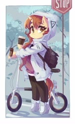 Size: 2478x4096 | Tagged: safe, artist:saxopi, imported from derpibooru, oc, oc only, semi-anthro, unicorn, bag, bicycle, clothes, coffee, drink, female, hoof hold, horn, jacket, looking at you, mare, simple background, solo, standing on two hooves, stop sign, tree, unicorn oc, white background