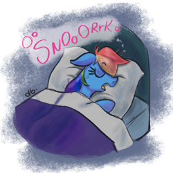 Size: 1000x1000 | Tagged: safe, artist:dubudrops, imported from derpibooru, rainbow dash, pegasus, pony, bed, female, g4, mare, pillow, sleeping, snoring, solo