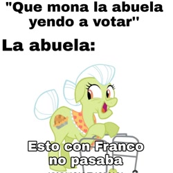 Size: 680x680 | Tagged: safe, imported from derpibooru, granny smith, context in description, female, francisco franco, happy, meme, politics, simple background, spain, spanish, spanish text, translated in the description, white background
