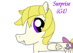 Size: 900x660 | Tagged: safe, artist:kiarakovu123, imported from derpibooru, surprise, pegasus, pony, 1000 hours in ms paint, adoraprise, bow, cute, female, folded wings, g1, g1 to g4, g4, generation leap, grin, mare, purple bow, purple text, simple background, smiling, solo, surprise being surprise, tail, tail bow, text, white background, wings, yellow hair, yellow mane, yellow tail
