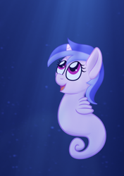 Size: 2701x3840 | Tagged: safe, artist:xppp1n, imported from ponybooru, sea swirl, seafoam, sea pony, female, looking up, seaponified, smiling, solo, species swap, underwater