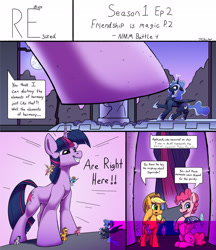 Size: 2000x2318 | Tagged: safe, artist:tsitra360, imported from derpibooru, applejack, fluttershy, nightmare moon, pinkie pie, rarity, twilight sparkle, alicorn, pony, unicorn, comic:resized, boop, breaking the fourth wall, comic, dialogue, female, giant pony, macro, noseboop, ruins, scene interpretation, unicorn twilight