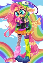 Size: 2825x4096 | Tagged: safe, artist:spaicydonut, imported from derpibooru, fluttershy, anthro, pegasus, :p, antonymph, bandaid, bandaid on nose, bracelet, clothes, cloud, costume, ear piercing, earbuds, fluttgirshy, gir, jewelry, leg warmers, mismatched socks, nail polish, nintendo ds, piercing, pigeon toed, rainbows, signature, skirt, socks, solo, stockings, thigh highs, tongue out