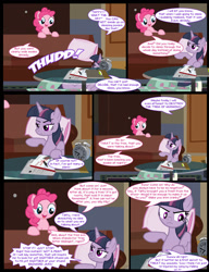 Size: 1042x1358 | Tagged: safe, artist:dendoctor, imported from derpibooru, mean twilight sparkle, pinkie pie, twilight sparkle, alicorn, earth pony, pony, comic:clone.., alarm clock, alternate universe, blanket, book, clock, clone, comic, couch, female, g4, pillow, pinkie clone, table, twilight sparkle (alicorn)