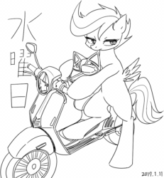 Size: 750x810 | Tagged: safe, artist:tangankittentail, imported from derpibooru, scootaloo, pegasus, black and white, female, gif, grayscale, helmet, japanese, monochrome, motorcycle, non-animated gif, simple background, solo, white background, wings