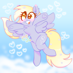Size: 1700x1700 | Tagged: safe, artist:cutiesparke, imported from derpibooru, derpy hooves, pegasus, pony, blushing, chest fluff, cloud, cute, derpabetes, ear fluff, eye clipping through hair, flower, flower in hair, fluffy, flying, gradient mane, heart, hoof heart, open mouth, open smile, raised arms, sky, smiling, solo, spread wings, wings