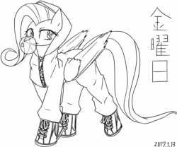 Size: 915x760 | Tagged: safe, artist:tangankittentail, imported from derpibooru, fluttershy, pegasus, pony, black and white, bubblegum, clothes, cute, daaaaaaaaaaaw, female, folded wings, food, gif, grayscale, gum, jacket, japanese, mare, monochrome, non-animated gif, shoes, shyabetes, simple background, solo, white background, wings