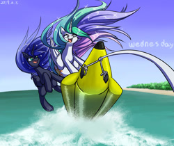 Size: 1000x840 | Tagged: safe, artist:tangankittentail, imported from derpibooru, princess celestia, princess luna, alicorn, pony, banana boat, beach, boat, duo, duo female, ethereal mane, ethereal tail, female, folded wings, horn, mare, open mouth, royal sisters, siblings, sisters, starry mane, starry tail, tail, water, windswept mane, wings