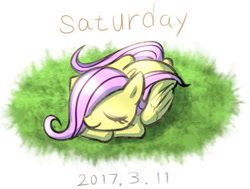 Size: 330x250 | Tagged: safe, artist:tangankittentail, imported from derpibooru, fluttershy, pegasus, pony, cute, eyes closed, female, filly, filly fluttershy, foal, folded wings, grass, hair over one eye, lying down, prone, shyabetes, simple background, sleeping, solo, white background, wings, younger