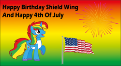 Size: 1280x699 | Tagged: safe, artist:ncolque, imported from derpibooru, oc, oc only, oc:shield wing, 4th of july, american flag, fireworks, gradient background, holiday, solo, united states