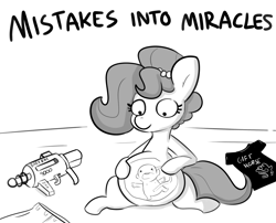 Size: 2787x2250 | Tagged: safe, artist:tjpones, imported from derpibooru, oc, oc only, oc:brownie bun, oc:richard, earth pony, human, pony, horse wife, age regression, baby, black and white, commission, commissioner:reversalmushroom, duo, eaten alive, female, fetish, funny, good clean married vore, grayscale, implied unbirthing, internal, male, mare, mistakes into miracles, monochrome, pregnant, ray gun, unwilling, vore, wat, x-ray