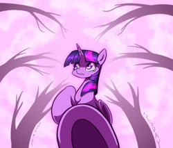 Size: 980x835 | Tagged: safe, artist:tangankittentail, imported from derpibooru, twilight sparkle, alicorn, pony, female, folded wings, horn, mare, raised hoof, sky, solo, tree, twilight sparkle (alicorn), underhoof, wings