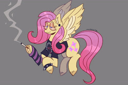 Size: 4134x2756 | Tagged: safe, artist:mxmx fw, imported from derpibooru, fluttershy, pegasus, pony, bloodshot eyes, cigarette, clothes, drug use, drugs, ear fluff, ear piercing, emo, emoshy, eyelashes, female, flutterhigh, flying, high, lidded eyes, magnetic hooves, my chemical romance, piercing, shirt, simple background, smoking, solo, spiked wristband, stoned, wristband