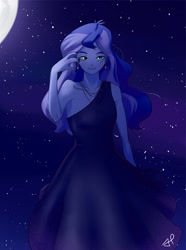 Size: 1668x2247 | Tagged: safe, artist:amazingpuffhair, imported from derpibooru, princess luna, human, equestria girls, black dress, clothes, dress, female, moon, night, solo, starry night, vice principal luna