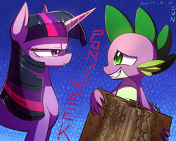 Size: 955x765 | Tagged: safe, artist:tangankittentail, imported from derpibooru, spike, twilight sparkle, dragon, pony, unicorn, blue background, book, duo, female, grin, looking at each other, looking at someone, male, mare, simple background, smiling, twilight sparkle is not amused, unamused, unicorn twilight