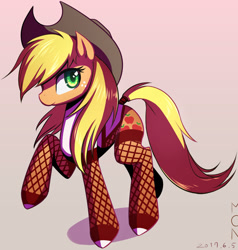 Size: 785x825 | Tagged: safe, artist:tangankittentail, imported from derpibooru, applejack, earth pony, pony, applejack's hat, clothes, cowboy hat, female, fishnets, freckles, hat, looking at you, mare, profile, raised hoof, solo