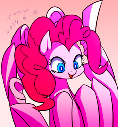 Size: 765x820 | Tagged: safe, artist:tangankittentail, imported from derpibooru, pinkie pie, earth pony, pony, a friend in deed, female, gradient background, mare, multiple limbs, pinkie being pinkie, sleipnir, solo, underhoof