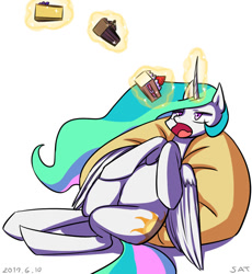 Size: 755x820 | Tagged: safe, artist:tangankittentail, imported from derpibooru, princess celestia, alicorn, pony, cake, cake slice, cakelestia, female, folded wings, food, glowing, glowing horn, horn, lying down, magic, magic aura, mare, open mouth, prone, simple background, solo, telekinesis, white background, wings