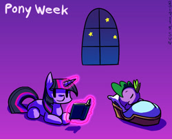 Size: 605x490 | Tagged: safe, artist:tangankittentail, imported from derpibooru, spike, twilight sparkle, dragon, pony, unicorn, beady eyes, bed, book, duo, eyes closed, female, glowing, glowing horn, gradient background, horn, lying down, magic, magic aura, male, mare, prone, purple background, reading, simple background, sleeping, stars, telekinesis, unicorn twilight, window