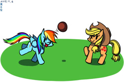 Size: 720x475 | Tagged: safe, artist:tangankittentail, imported from derpibooru, applejack, rainbow dash, earth pony, pegasus, pony, applejack's hat, ball, beady eyes, cowboy hat, duo, duo female, female, folded wings, grass, hat, mare, simple background, white background, wings