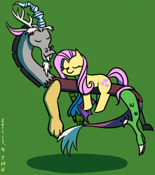 Size: 645x730 | Tagged: safe, artist:tangankittentail, imported from derpibooru, discord, fluttershy, draconequus, pegasus, pony, duo, eyes closed, female, floating, green background, lying down, lying on top of someone, male, mare, shadow, simple background, sleeping, wingless, wings