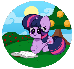 Size: 3464x3248 | Tagged: safe, artist:kittyrosie, imported from derpibooru, twilight sparkle, alicorn, pony, book, cute, female, lying down, mare, prone, reading, simple background, smiling, solo, starry eyes, sun, that pony sure does love books, transparent background, tree, twiabetes, twilight sparkle (alicorn), wingding eyes