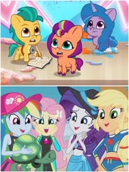 Size: 1500x1999 | Tagged: safe, edit, edited screencap, imported from derpibooru, screencap, applejack, fluttershy, hitch trailblazer, izzy moonbow, rainbow dash, rarity, sunny starscout, tank, earth pony, human, pony, tortoise, unicorn, aww... baby turtles, equestria girls, equestria girls series, spoiler:g5, spoiler:my little pony: tell your tale, spoiler:tyts01e15, age regression, awww, baby, baby pony, book, cap, colt, colt hitch trailblazer, cute, female, filly, filly izzy moonbow, filly sunny starscout, foal, g5, geode of fauna, geode of shielding, geode of super strength, hat, high res, hitchbetes, izzybetes, magical geodes, making a foal of me, male, my little pony: tell your tale, open mouth, pencil, sunnybetes, trio, younger