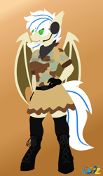 Size: 2767x4705 | Tagged: safe, artist:samsailz, imported from derpibooru, oc, anthro, bat pony, unguligrade anthro, bat pony oc, boots, clothes, hand on hip, headset, lineless, military, military uniform, neckerchief, shoes, uniform