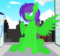 Size: 4509x4184 | Tagged: safe, artist:samsailz, imported from derpibooru, oc, oc only, oc:raulix evergreen, pegasus, :p, building, city, macro, pegasus oc, raffle prize, spread wings, tongue out, wings