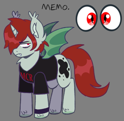 Size: 707x692 | Tagged: safe, artist:mxmx fw, imported from derpibooru, oc, oc:mxmx, bat pony, bat pony unicorn, hybrid, pony, unicorn, bat wings, chest fluff, clothes, emo, fangs, full body, hair over one eye, horn, my chemical romance, reference sheet, simple background, solo, wings