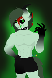 Size: 1302x1932 | Tagged: safe, artist:samsailz, imported from derpibooru, oc, oc:cy, anthro, demon, demon pony, undead, zombie, zombie pony, claws, clothes, collar, fetish, half naked, male, muscle fetish, muscles, muscular male, scar, sexy, shorts, solo