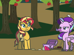 Size: 1800x1350 | Tagged: safe, artist:flutterluv, imported from derpibooru, part of a set, starlight glimmer, sunset shimmer, hippogriff, mouse, pony, unicorn, apple, apple tree, atg 2022, bag, cupcake, duo, food, hippogriffied, newbie artist training grounds, part of a series, saddle bag, shovel, species swap, treasure chest, tree