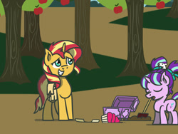 Size: 1800x1350 | Tagged: safe, artist:flutterluv, imported from derpibooru, part of a set, starlight glimmer, sunset shimmer, mouse, pony, unicorn, age regression, apple, apple tree, atg 2022, bag, cupcake, duo, female, filly, filly starlight glimmer, foal, food, newbie artist training grounds, part of a series, saddle bag, shovel, treasure chest, tree, younger