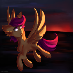 Size: 2707x2681 | Tagged: safe, artist:yuris, imported from derpibooru, scootaloo, pegasus, pony, cloud, cute, cutealoo, female, floppy ears, flying, scootaloo can fly, sky, solo, spread wings, sunset, wings