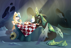 Size: 3044x2052 | Tagged: safe, artist:28gooddays, imported from derpibooru, queen chrysalis, oc, oc:evertrue, changeling, changeling queen, pony, unicorn, armor, broken horn, cake, cup, female, food, guard, hoof shoes, horn, picnic blanket, teacup, teapot