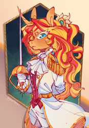 Size: 1250x1800 | Tagged: safe, artist:yuyusunshine, imported from derpibooru, sunset shimmer, anthro, clothes, colored eyelashes, curved horn, female, horn, looking at you, rapier, solo, sword, weapon