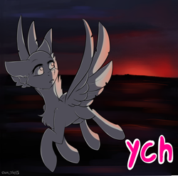 Size: 2707x2681 | Tagged: safe, artist:yuris, imported from derpibooru, oc, oc only, pony, advertisement, auction, commission, cute, flying, sky, solo, spread wings, sunset, wings, ych sketch, your character here