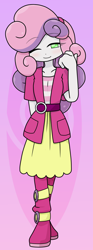 Size: 740x2000 | Tagged: safe, artist:batipin, imported from derpibooru, sweetie belle, human, equestria girls, boots, clothes, female, one eye closed, shoes, skirt, solo