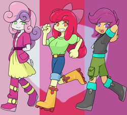 Size: 2220x2000 | Tagged: safe, artist:batipin, imported from derpibooru, apple bloom, scootaloo, sweetie belle, human, equestria girls, apple bloom's bow, boots, bow, clothes, cutie mark crusaders, denim, female, hair bow, hoodie, jeans, pants, shirt, shoes, shorts, skirt, trio, trio female