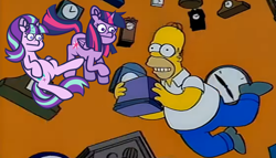 Size: 4404x2518 | Tagged: safe, artist:threetwotwo32232, imported from derpibooru, starlight glimmer, twilight sparkle, alicorn, pony, unicorn, female, homer simpson, mare, the simpsons, time travel, treehouse of horror, twilight sparkle (alicorn)