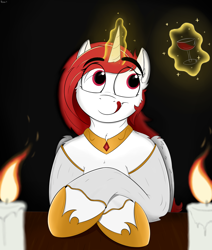 Size: 1920x2261 | Tagged: safe, artist:rapid9, imported from derpibooru, princess celestia, alicorn, semi-anthro, alcohol, black background, candle, darkness, fire, hoof shoes, magic, magic aura, redesign, simple background, solo, tongue out, wine